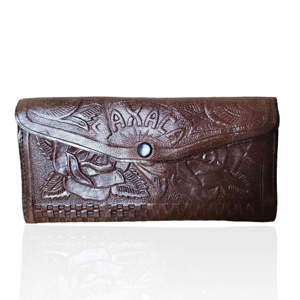 Vintage Mexican Hand-Tooled Genuine Leather Boho Brown Clutch Wallet